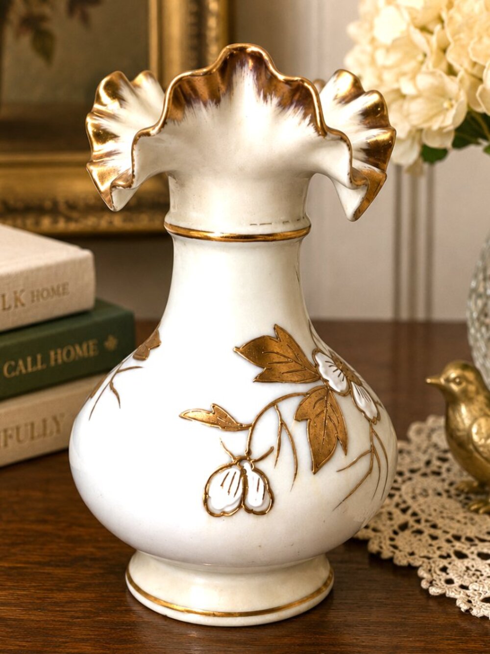 Vintage Arnart Japan Hand Painted Porcelain Ruffled Vase Gold Floral White 7"